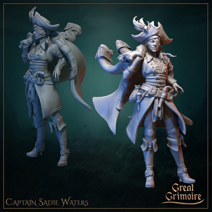 Captain Sadie Waters Miniature for Dungeons and Dragons DnD Monster Pirate Tabletop RPG Pathfinder 28mm, 32mm, or 35mm Scale Wargame Fantasy