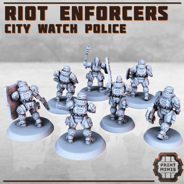 7pc Heavy Riot Enforcers, City Watch Police Miniatures, Modular Set by Print Minis