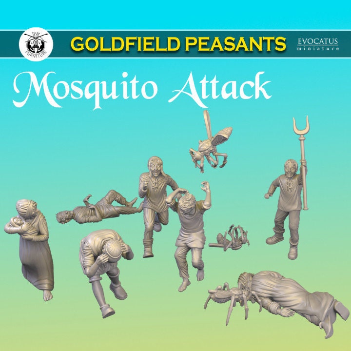 
Mosquito Attack Set for Wargames, Swamp Encounters with 28/32mm D&D Townsfolk Miniatures, Pathfinder, TTRPG Fantasy Miniatures Villagers