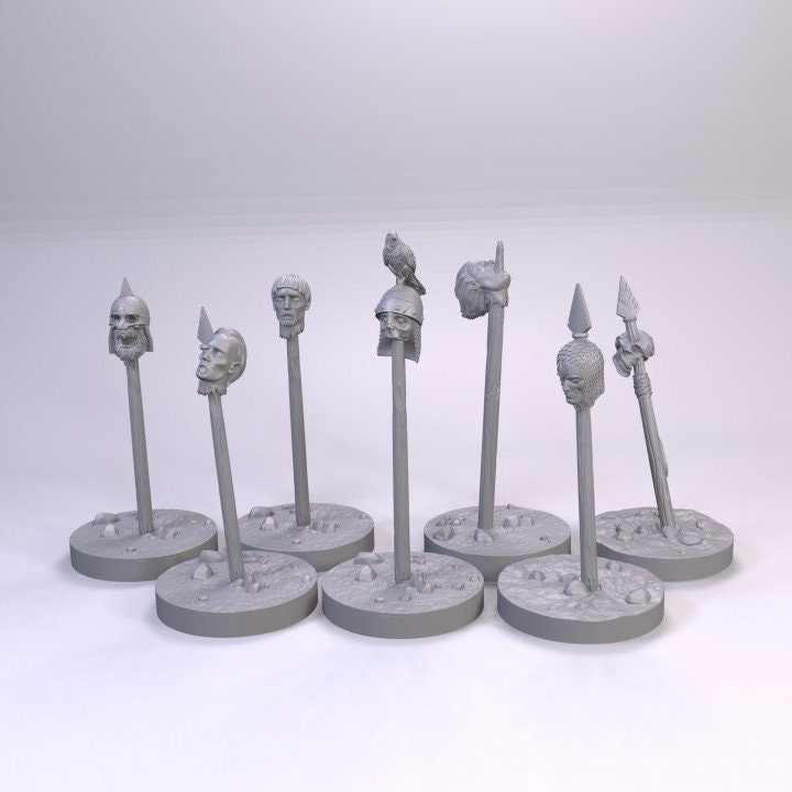 7pc Heads on Pikes, Casualty Markers, Game pieces, DnD, Dungeons and Dragons, Tabletop RPG Miniatures - Tiny Furniture