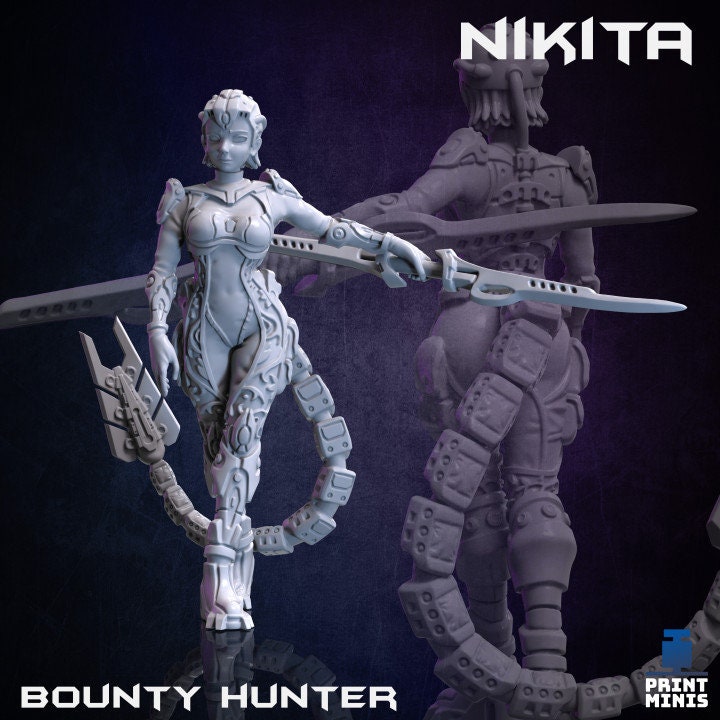 Bounty Hunter Miniature, Nikita, Assassin, Miniature, Cyberpunk, Scifi, Tabletop RPG Wargame - PrintMinis