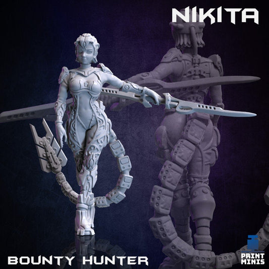 Bounty Hunter Miniature, Nikita, Assassin, Miniature, Cyberpunk, Scifi, Tabletop RPG Wargame - PrintMinis