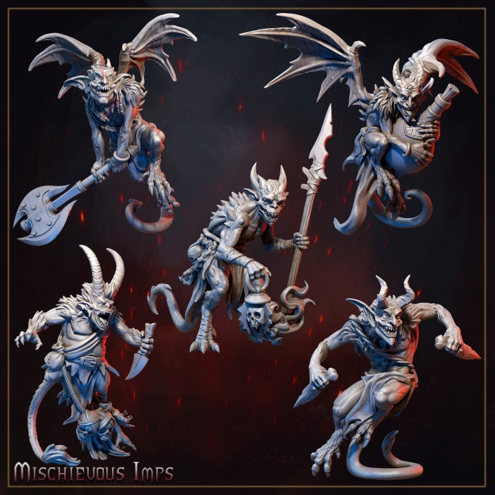 
Mischievous Imps DnD Dungeons and Dragons 28mm/32mm/35mm TTRPG Miniatures Single or Set Skulls Dagger Potion Imp Figurines