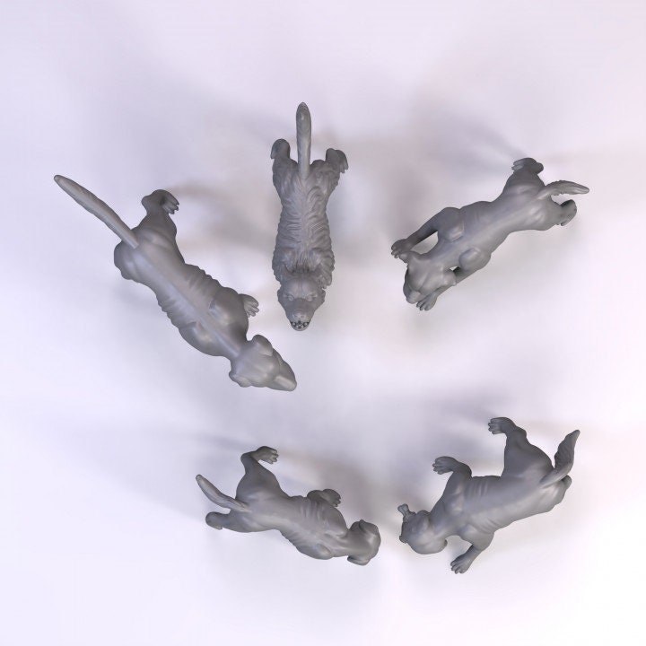
5pc Hungry Dogs, Scavengers, DnD, Dungeons and Dragons, Miniature, 3D Printed, Scatter Terrain, 28mm, 32mm - Tiny Furniture