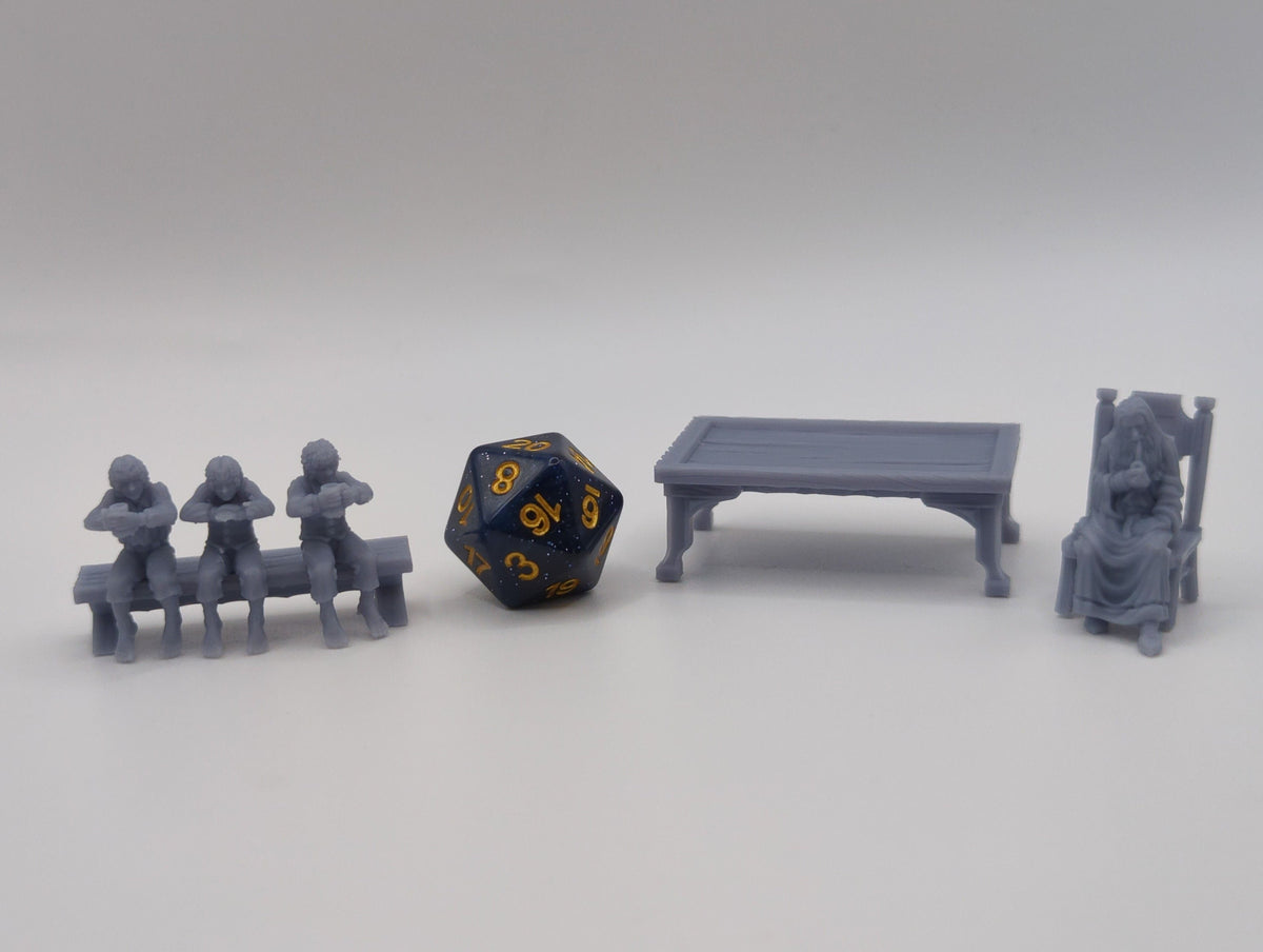 
Haflings with a friend, DnD, Dungeons and Dragons, Scatter Terrain, Furniture, Tavern furniture, Miniature, 3d printed - Tiny Furniture