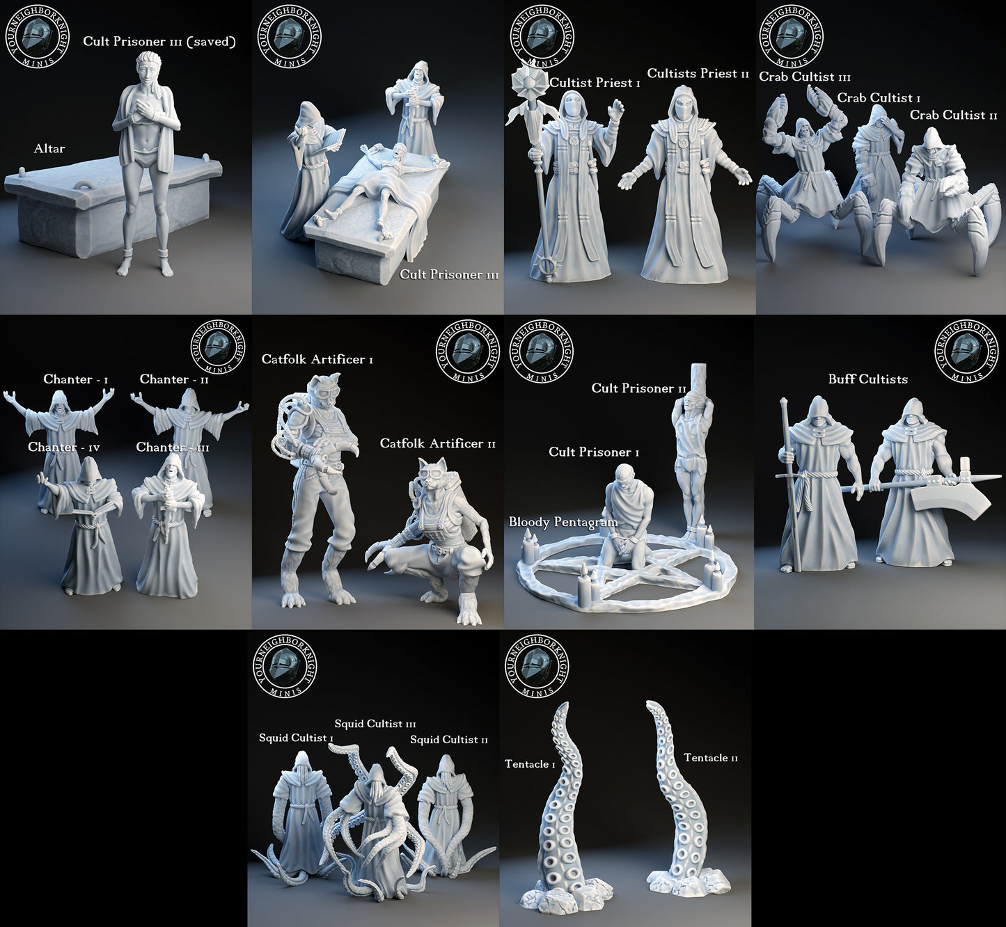 23pc Cultists Set Dungeons and Dragons 3D Printed D&D, Tabletop RPG Minis Ritual Scenes Hybrid Beasts Dark Magic by YourNeighborKnight