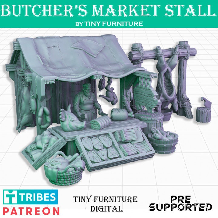 Butcher Market Stall, Meat Market, DnD, Dungeons and Dragons, Tabletop RPG Miniatures, Scatter terrain - TinyFurniture