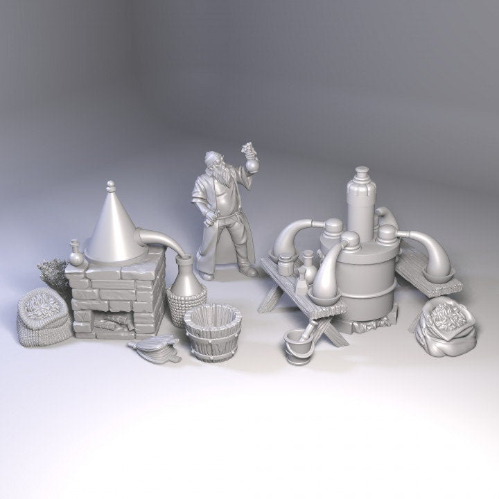 DnD Alchemist Lab Set Dungeons and Dragons 28mm/32mm Potion Maker NPC Potion Crafting Vendor DnD 5e Scatter Terrain Fantasy Miniatures