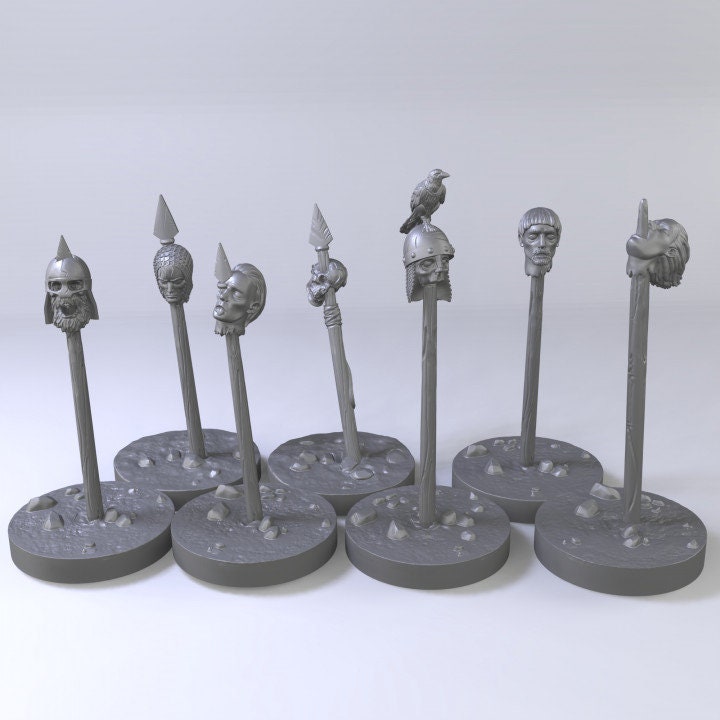 7pc Heads on Pikes, Casualty Markers, Game pieces, DnD, Dungeons and Dragons, Tabletop RPG Miniatures - Tiny Furniture