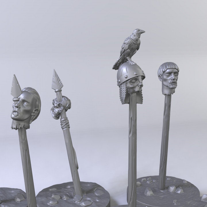 7pc Heads on Pikes, Casualty Markers, Game pieces, DnD, Dungeons and Dragons, Tabletop RPG Miniatures - Tiny Furniture