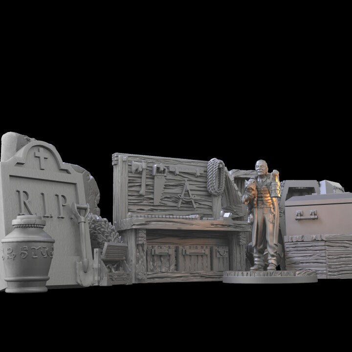 
Undertaker Shop, DnD, Dungeons and Dragons, Scatter Terrain, DnD5E, Coffins, Workbench, Miniature - Tiny Furniture