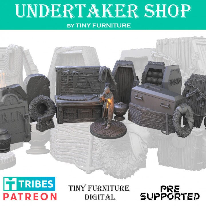 
Undertaker Shop, DnD, Dungeons and Dragons, Scatter Terrain, DnD5E, Coffins, Workbench, Miniature - Tiny Furniture