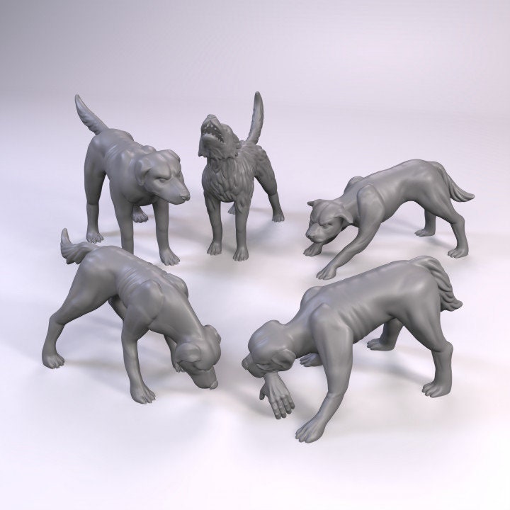 
5pc Hungry Dogs, Scavengers, DnD, Dungeons and Dragons, Miniature, 3D Printed, Scatter Terrain, 28mm, 32mm - Tiny Furniture