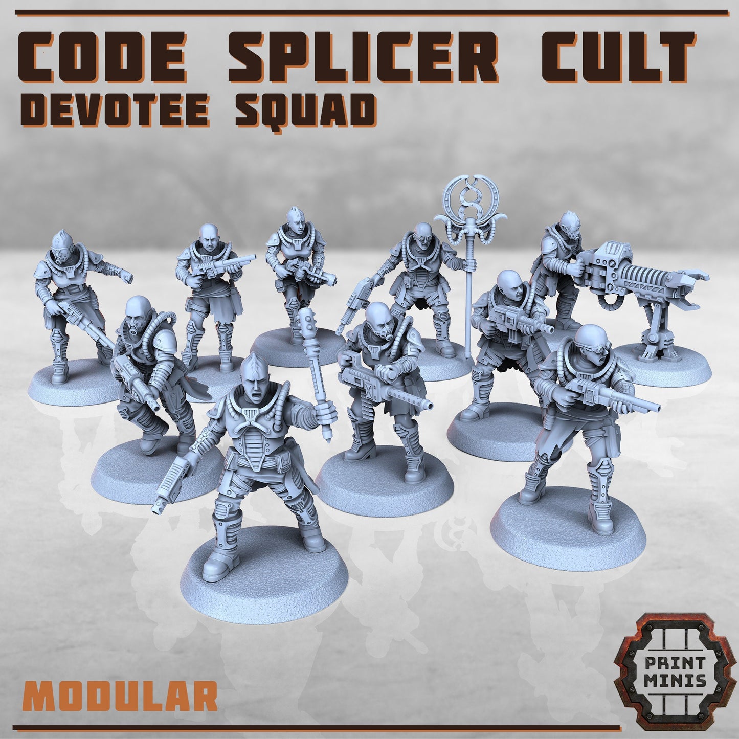 Code Splicer Cult: Devotee Squad, 28mm / 32mm, Wasteland, Apocalypse, Cyberpunk, DnD, 3D Printed, Resin, Sci-fi Soldiers, Print Minis