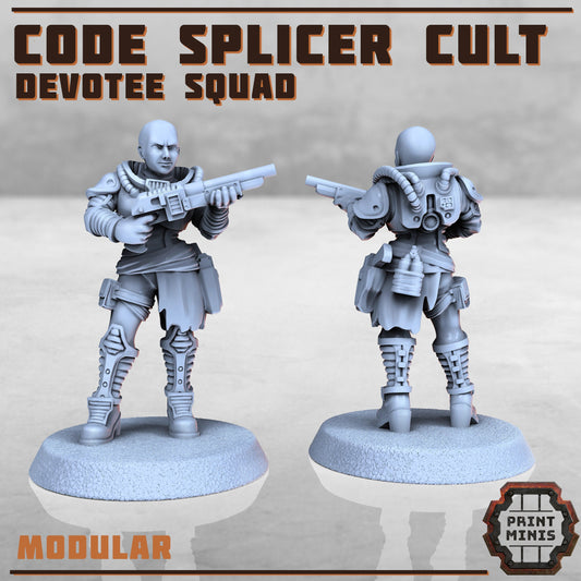 Code Splicer Cult: Devotee Squad, 28mm / 32mm, Wasteland, Apocalypse, Cyberpunk, DnD, 3D Printed, Resin, Sci-fi Soldiers, Print Minis