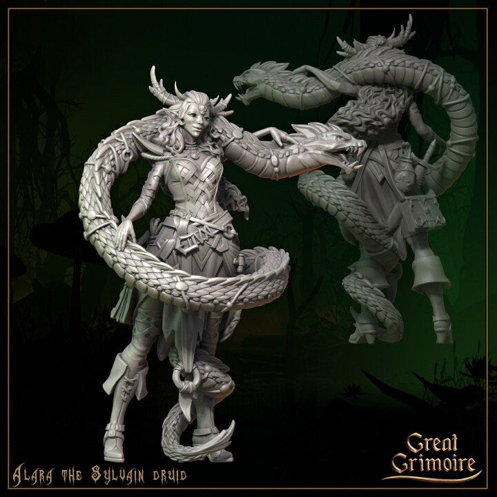 Alara the Sylvain Druid DnD Dungeons and Dragons 28mm/32mm Dryad Miniature for TTRPGs Fantasy Druid Monsters Snake Miniature