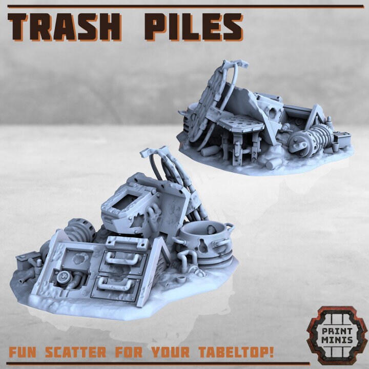 
Trash Piles Wasteland Miniatures 28mm 32mm DnD Terrain Industrial Scatter RPG, Warhammer Battletech sci fi tabletop by Print Minis