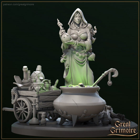 Alchemist Lady Naya Merchant DnD Dungeons and Dragons 28mm/32mm TTRPG Fantasy Wargame Miniature Cauldron Scatter Terrain base Wheelbarrow