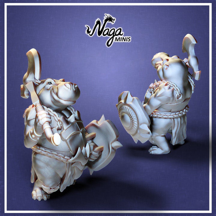 
Hippo Folk Barbarian, Fighter DnD, Dungeons and Dragons Miniatures for Tabletop RPG Games, Hippopotamus, D&D Miniature