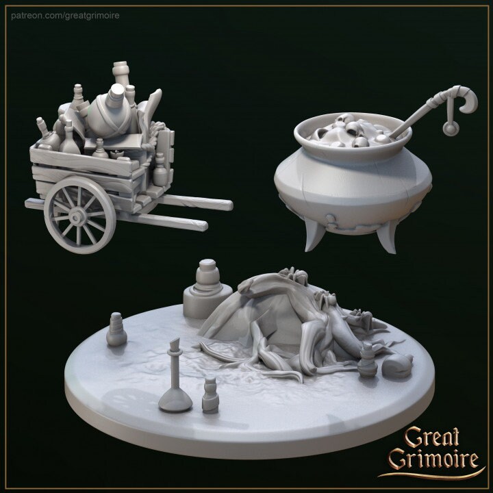 Alchemist Lady Naya Merchant DnD Dungeons and Dragons 28mm/32mm TTRPG Fantasy Wargame Miniature Cauldron Scatter Terrain base Wheelbarrow