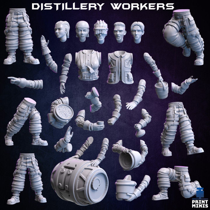 Distillery Workers, Modular, Factory workers, NPC Miniatures, TTRPG Miniatures, Townsfolk, Scifi Fantasy NPCs Distillery NPCs Tavern Scatter