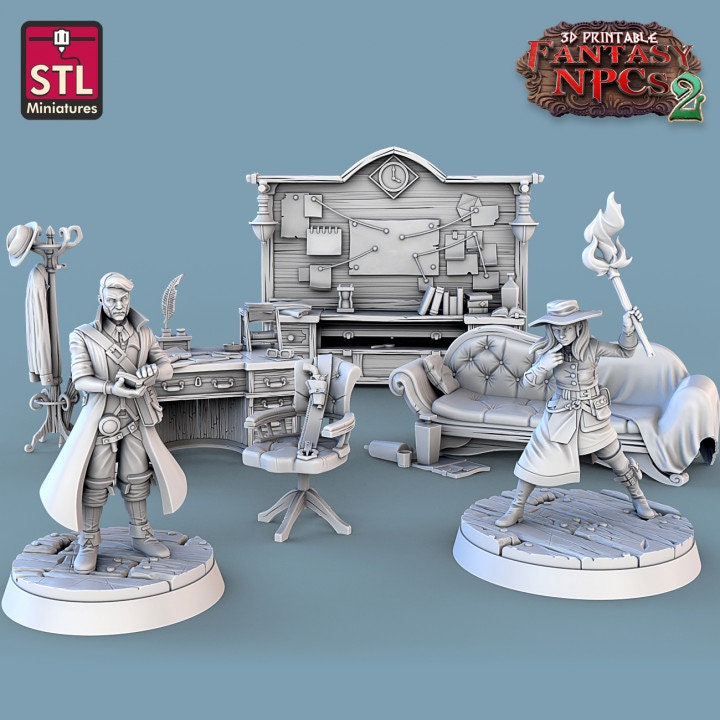 
Investigator Set, Detective NPCs, DnD, Dungeons and Dragons, Furniture, DnD Scatter, DnD Terrain, Furniture, Townsfolk, TTRPG Decoration D&D