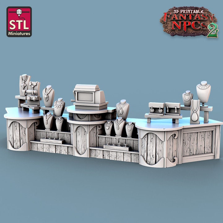 
Jewelers Set, DnD, Dungeons and Dragons, Jewelry Vendor Set, Fantasy Furniture, Shop, Store, Townsfolk Vendor Set for Diorama and TTRPG