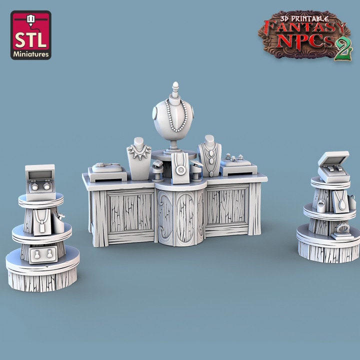 
Jewelers Set, DnD, Dungeons and Dragons, Jewelry Vendor Set, Fantasy Furniture, Shop, Store, Townsfolk Vendor Set for Diorama and TTRPG