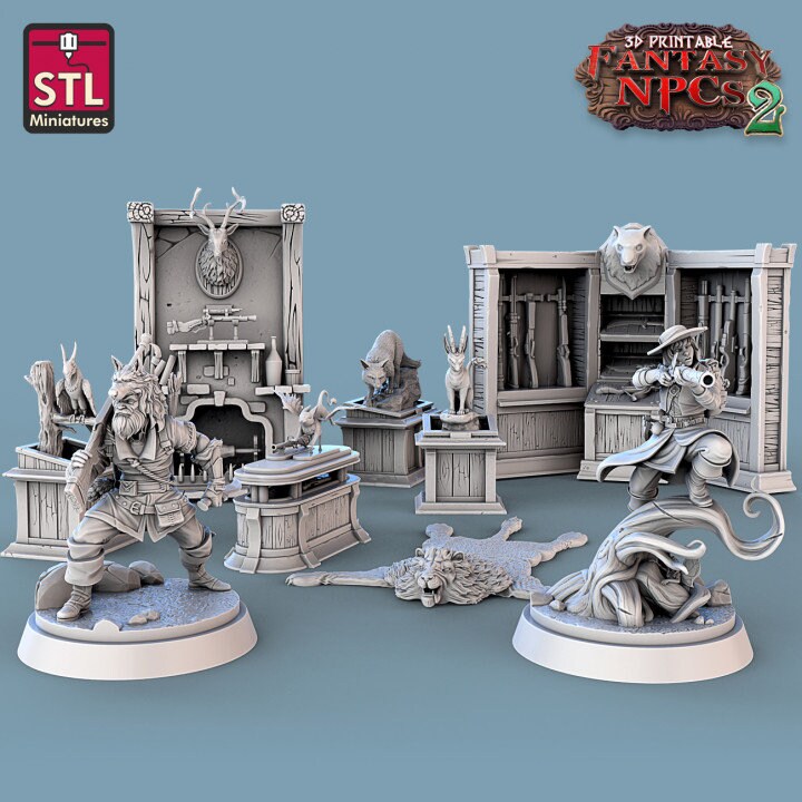 
Trophy Hunter Set, DnD Dungeons and Dragons, Furniture, TTRPG Scatter Terrain, Hunter Miniatures, Wargame props, Tabletop NPCs, Vendor Set