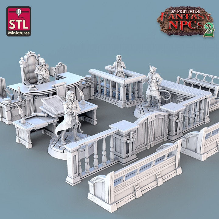 
Magistrate Set, Court Room Furniture, DnD, Dungeons and Dragons, Judge miniature, Attorney NPCs, Fantasy, Townsfolk, DnD Scatter terrain