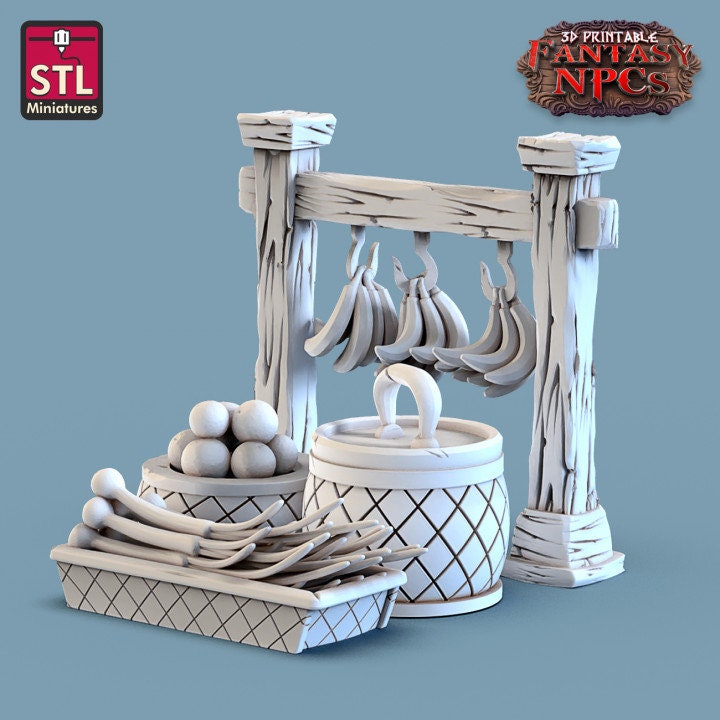 
Fruit Seller, Fruit Vendor, DnD Dungeons and Dragons TTRPG Miniatures, Scatter Terrain, Fruit Stall, Market Stall, 28mm 32mm Scale Props