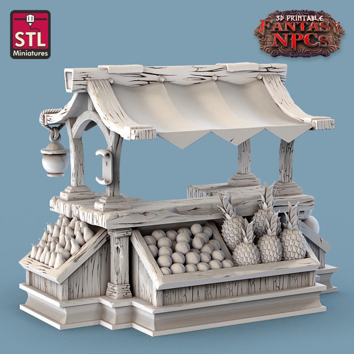 
Fruit Seller, Fruit Vendor, DnD Dungeons and Dragons TTRPG Miniatures, Scatter Terrain, Fruit Stall, Market Stall, 28mm 32mm Scale Props