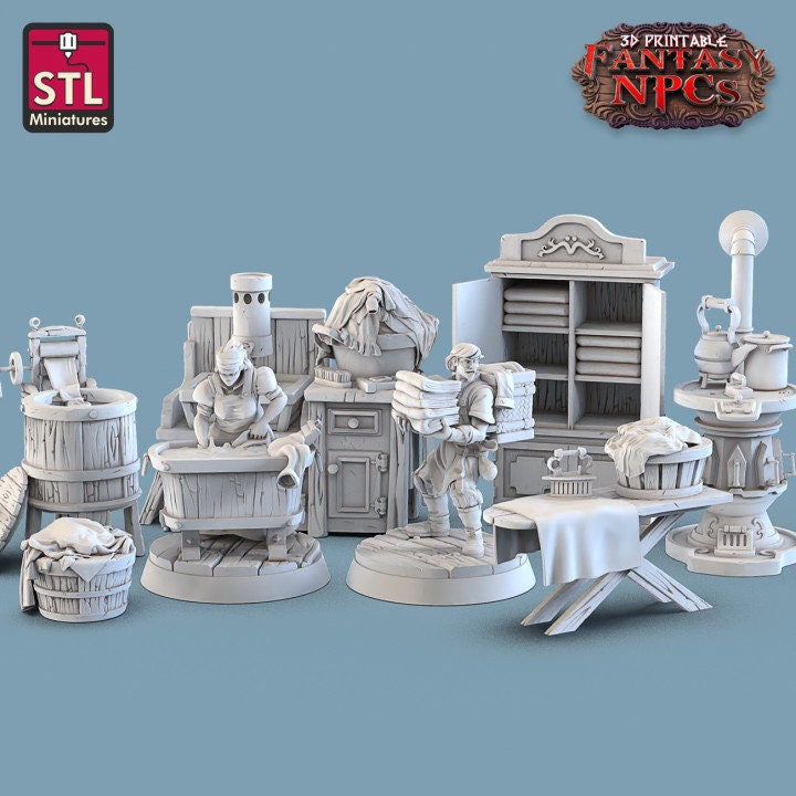 
Laundry Set, DnD, Dungeons and Dragons, Scatter Terrain, Clothing, Props, TTRPG Fantasy Miniatures, DnD Townsfolk NPCs, Villagers, Furniture