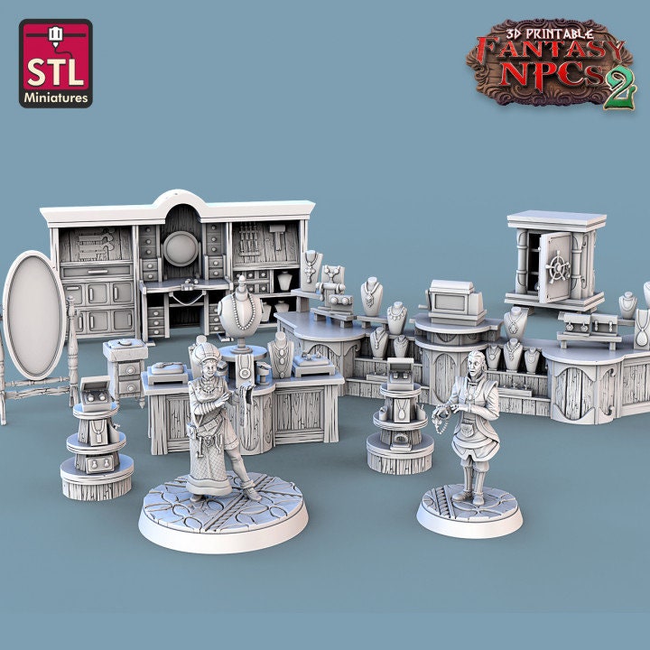 
Jewelers Set, DnD, Dungeons and Dragons, Jewelry Vendor Set, Fantasy Furniture, Shop, Store, Townsfolk Vendor Set for Diorama and TTRPG