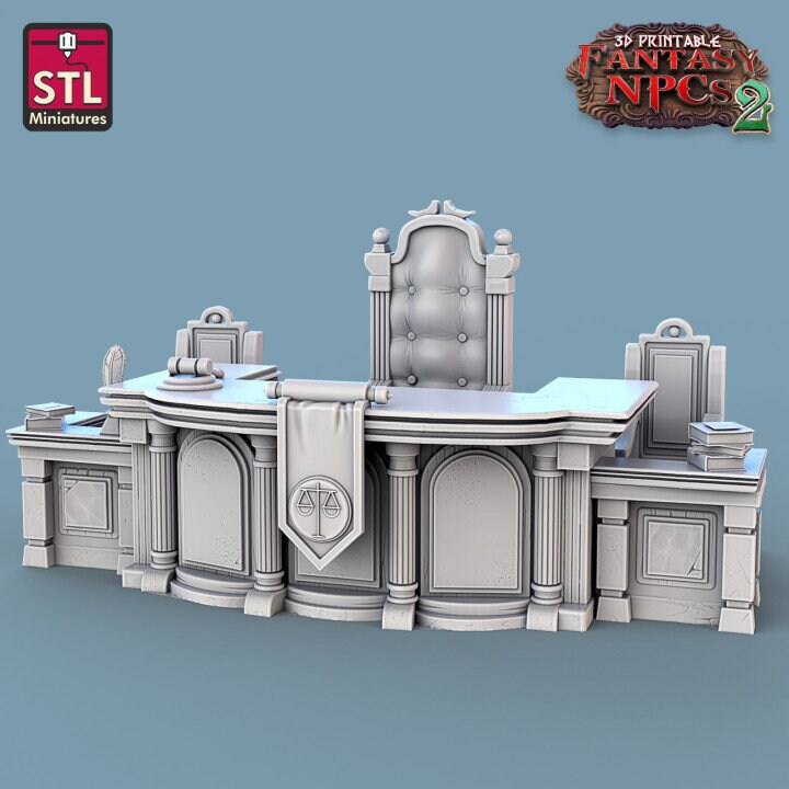 
Magistrate Set, Court Room Furniture, DnD, Dungeons and Dragons, Judge miniature, Attorney NPCs, Fantasy, Townsfolk, DnD Scatter terrain