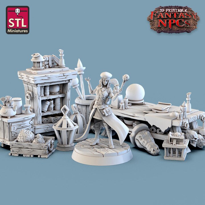 
Magic Vendor Set, Magician NPC, DnD, Dungeons and Dragons, Sorcerer, Wizard NPC, Scatter Terrain DnD, 28mm 32mm Scale, TTRPG Fantasy Props