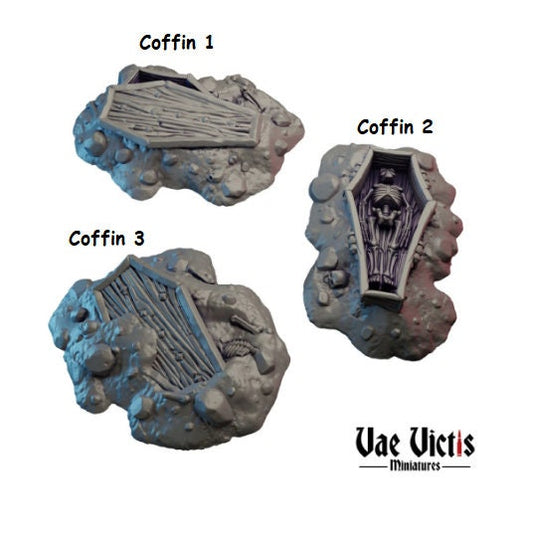 3pc Coffin Miniatures DnD Dungeons and Dragons 28mm/32mm Wargame Scatter Prop Scenery Graveyard Miniatures Skeleton Figurines Battleground