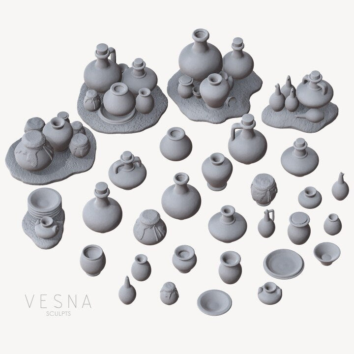 
Medieval Pottery Jars Miniatures DnD Dungeons and Dragons Miniature Basing Materials Basing Bits Scenery Scatter Plates and Bowl Miniatures
