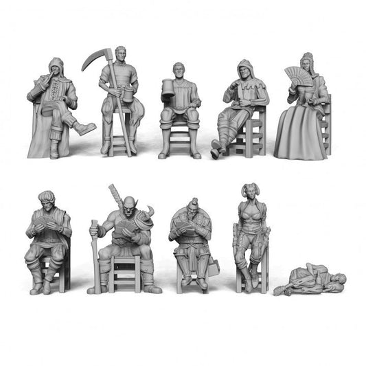 10pc Sitting Tavern patrons for DnD Dungeons and Dragons TTRPG Fantasy Tavern NPCs 28mm 32mm Dioramas Tavern Townsfolk Miniatures D&D