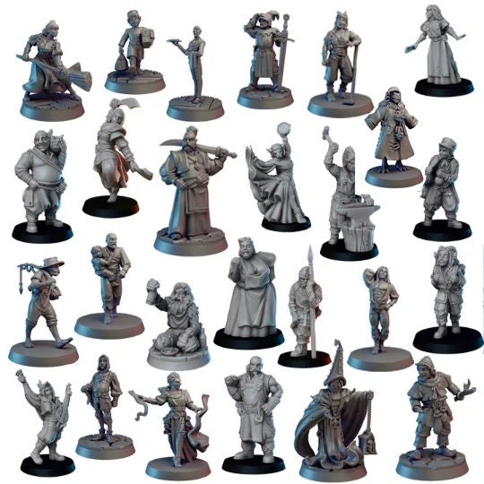 DnD Starter Pack, 26pc Townsfolk Miniature Set, D&D, DnD, Dungeons and Dragons Villagers, Fantasy Set DnD Scatter Terrain 28mm or 32mm Scale