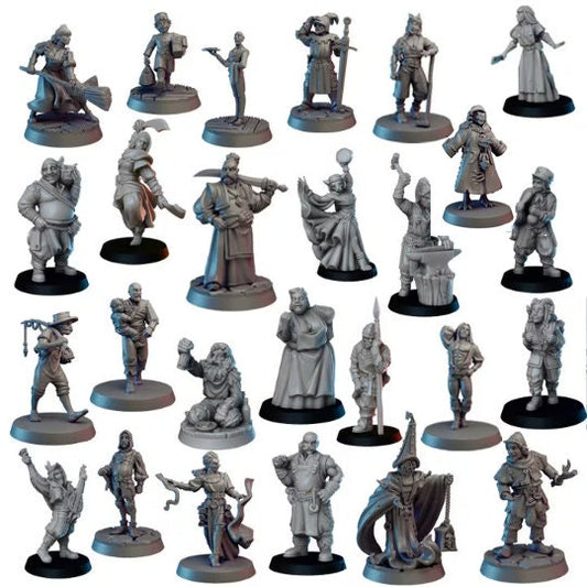 DnD Starter Pack, 26pc Townsfolk Miniature Set, D&D, DnD, Dungeons and Dragons Villagers, Fantasy Set DnD Scatter Terrain 28mm or 32mm Scale