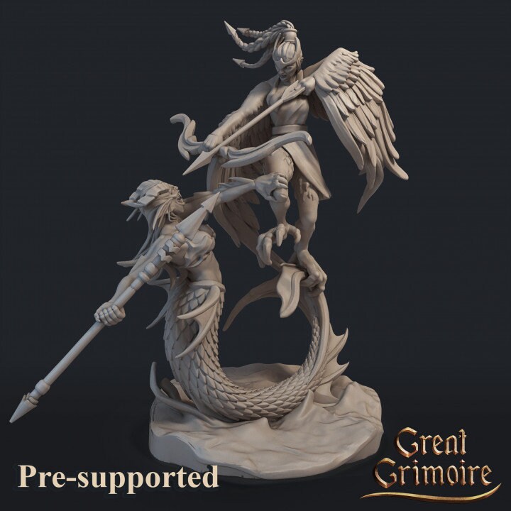 Battle Siren and Harpy DnD Dungeons and Dragons Miniatures Siren 28mm/32mm Scale Sea Creature Sea Monsters Mermaid TTRPG Fantasy