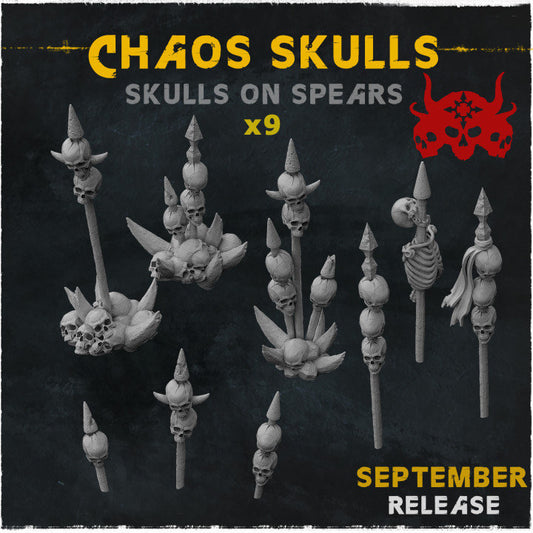 9pc Skulls on Spears DnD Dungeons and Dragons 28mm/32mm Chaos Skulls TTRPG Fantasy Wargame Miniatures Basing materials and bits Bone Scatter