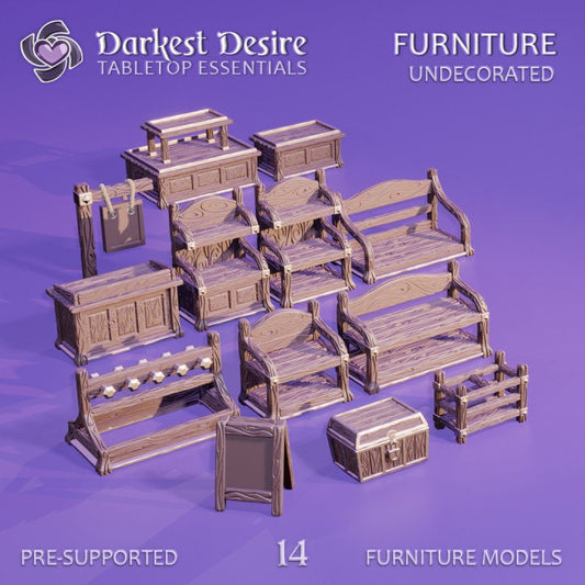 14pc Shop furniture DnD Dungeons and Dragons 28mm/32mm TTRPG Fantasy Furniture Miniature Scatter Terrain Shelves and Shop Display Miniatures