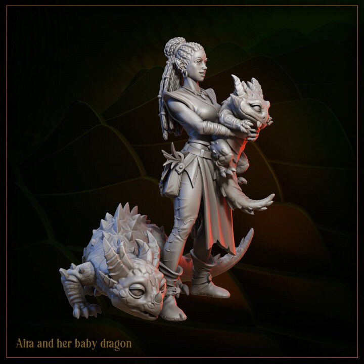 Aira and her baby dragon DnD Dungeons and Dragons 28mm/32mm TTRPG Fantasy Miniatures Dragon Companions DnD Creature