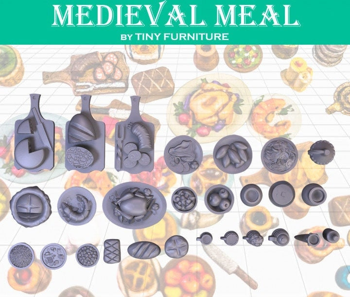 
Medieval Meal Food Dishes DnD Dungeons and Dragons 28mm/32mm Dollhouse Food Platters TTRPG Wargame Miniatures DnD Scatter Tavern food