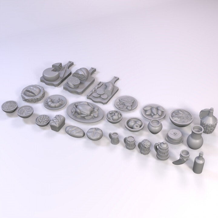 
Medieval Meal Food Dishes DnD Dungeons and Dragons 28mm/32mm Dollhouse Food Platters TTRPG Wargame Miniatures DnD Scatter Tavern food