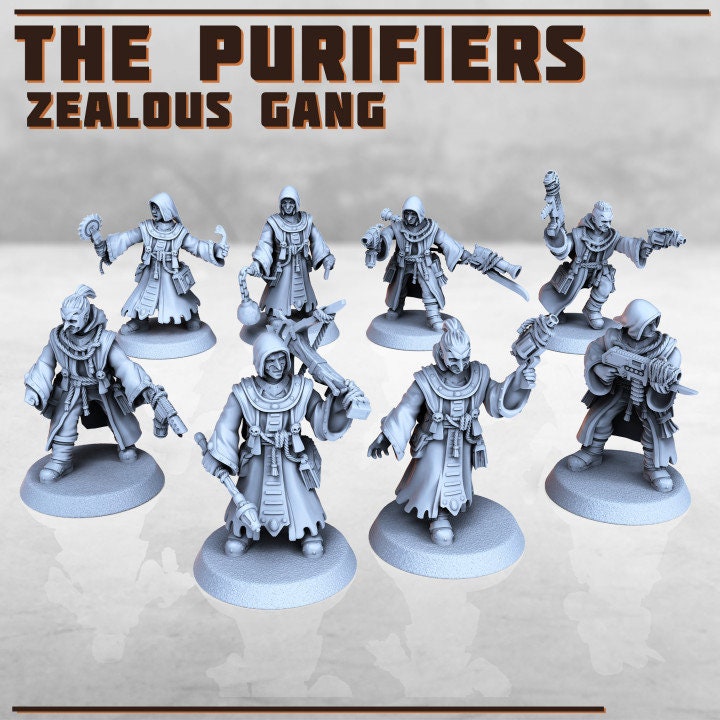 8pc The Purifiers Zealot Gang 28mm/32mm Heroic Scale Scifi Miniatures for TTRPG Wargames Fantasy RPG Miniature Gang