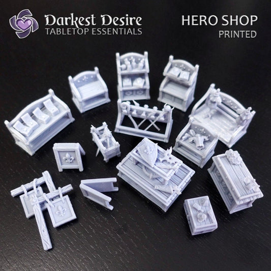 14pc Shop furniture DnD Dungeons and Dragons 28mm/32mm TTRPG Fantasy Furniture Miniature Scatter Terrain Shelves and Shop Display Miniatures