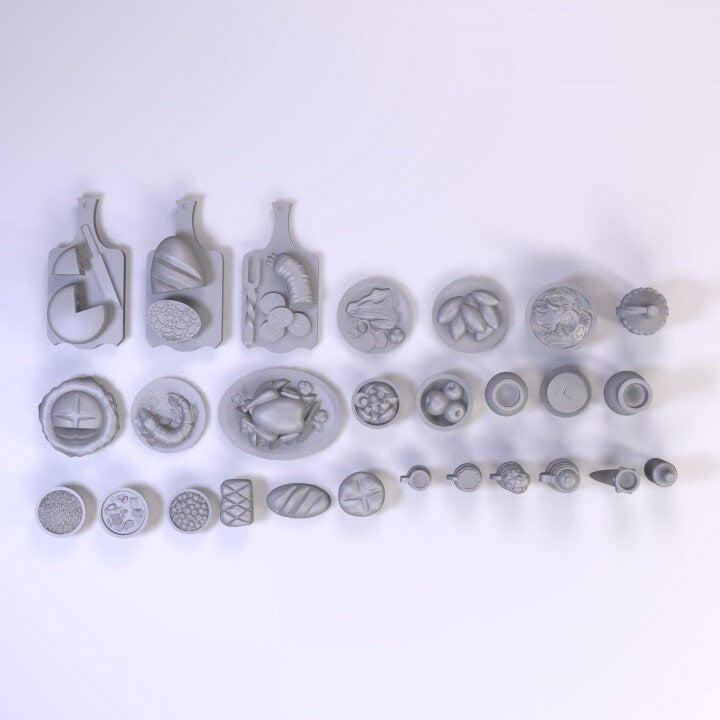 
Medieval Meal Food Dishes DnD Dungeons and Dragons 28mm/32mm Dollhouse Food Platters TTRPG Wargame Miniatures DnD Scatter Tavern food
